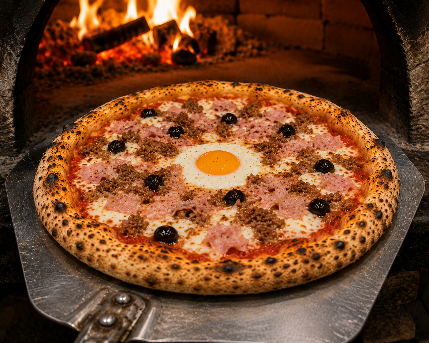 Pizza Bolognese — tomate, viande hachée, œuf, olives, mozza