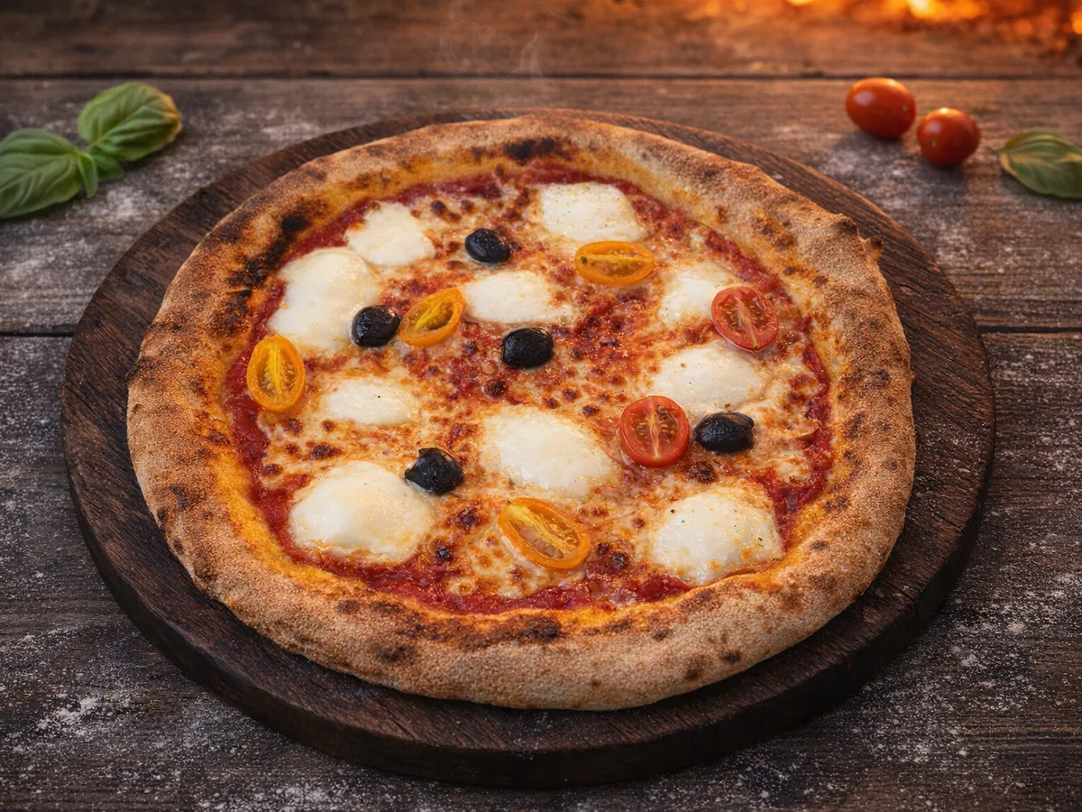 Pizza Buffala - tomate, mozza di Buffala, olives