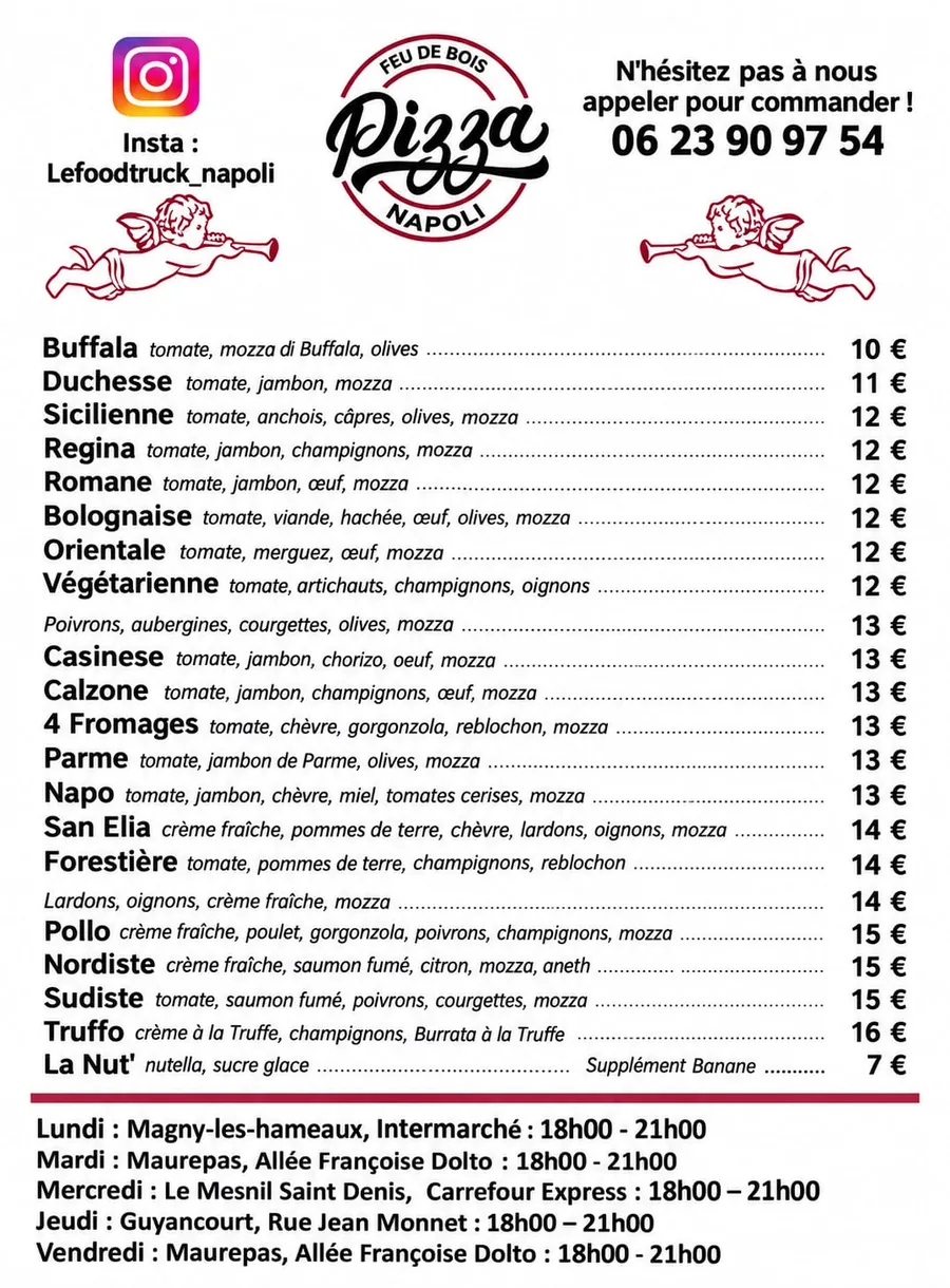 La carte papier TruckNapoli : les 20 pizzas avec leurs prix, et le planning de la semaine