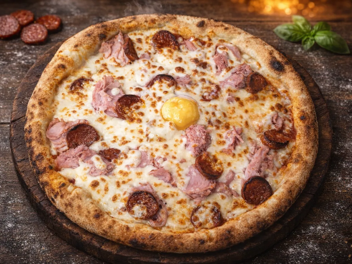 Pizza Casinese - tomate, jambon, chorizo, œuf, mozza