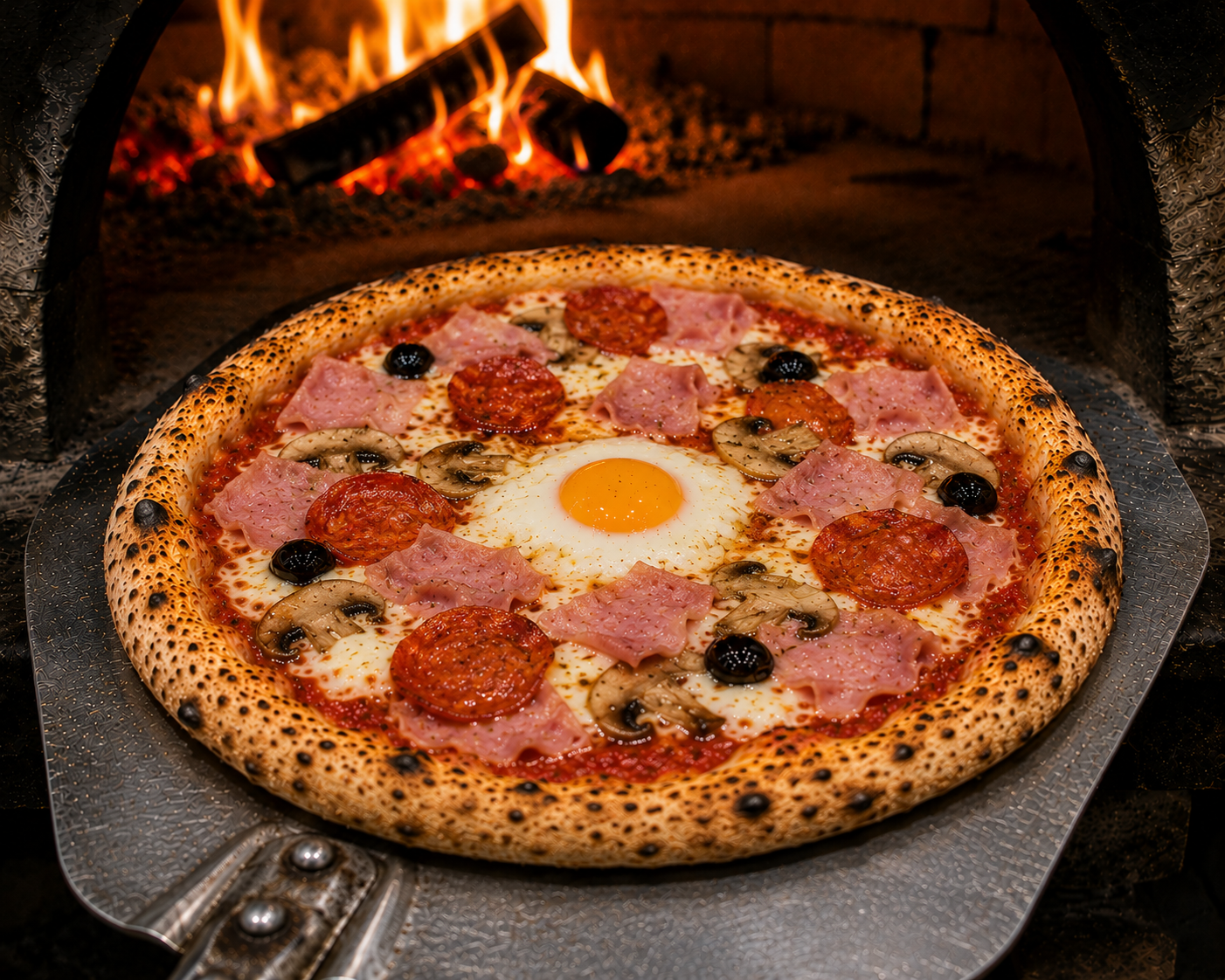 Pizza Casinese — tomate, jambon, chorizo, œuf, mozza