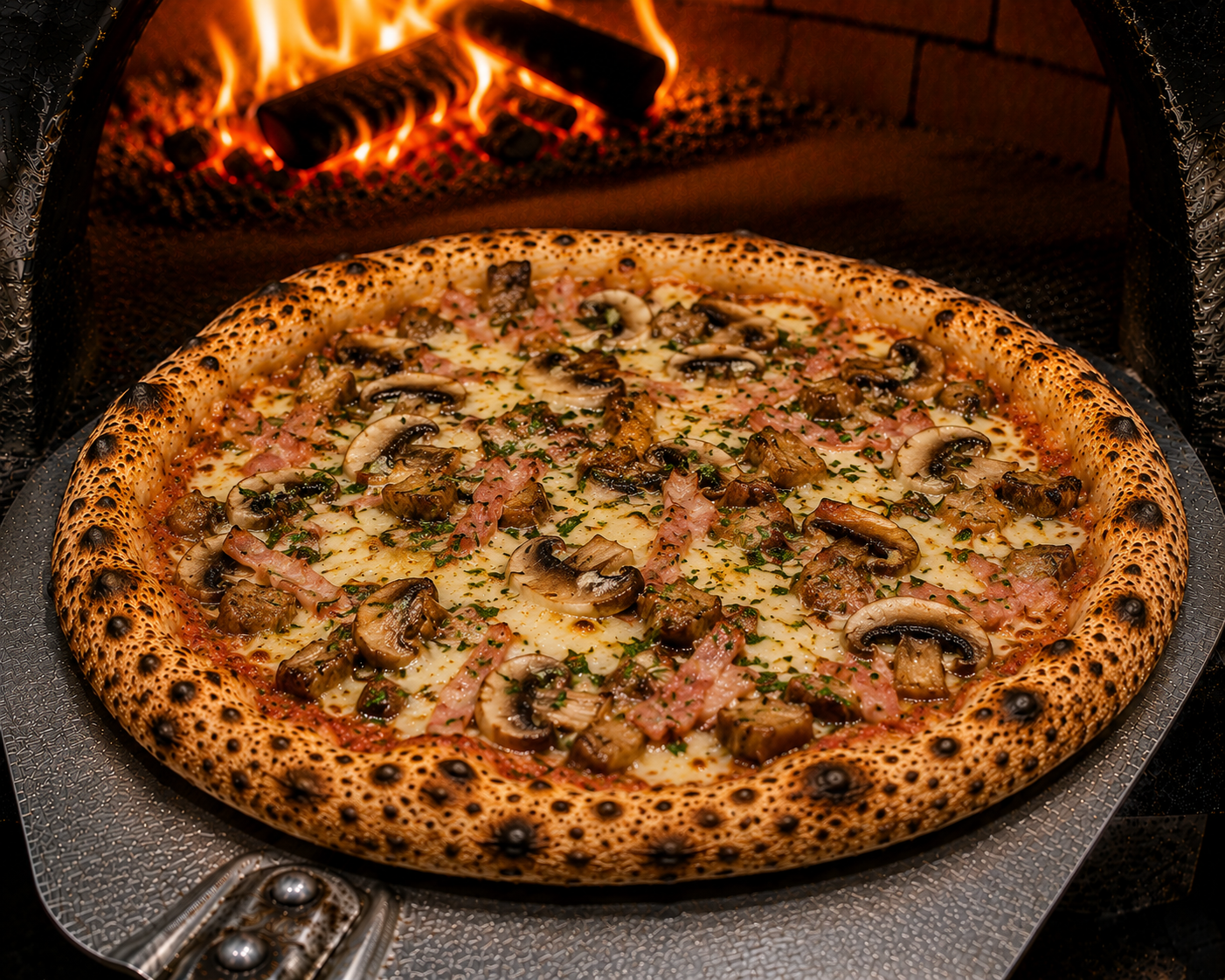 Pizza Forestière — tomate, pommes de terre, champignons, reblochon, lardons, oignons, crème fraîche, mozza
