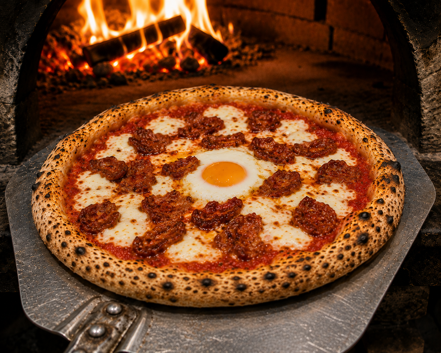 Pizza Orientale — tomate, merguez, œuf, mozza