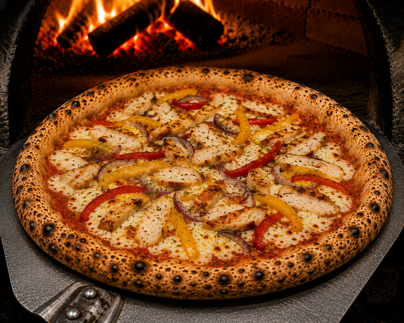 Pizza Pollo — crème fraîche, poulet, gorgonzola, poivrons, champignons, mozza