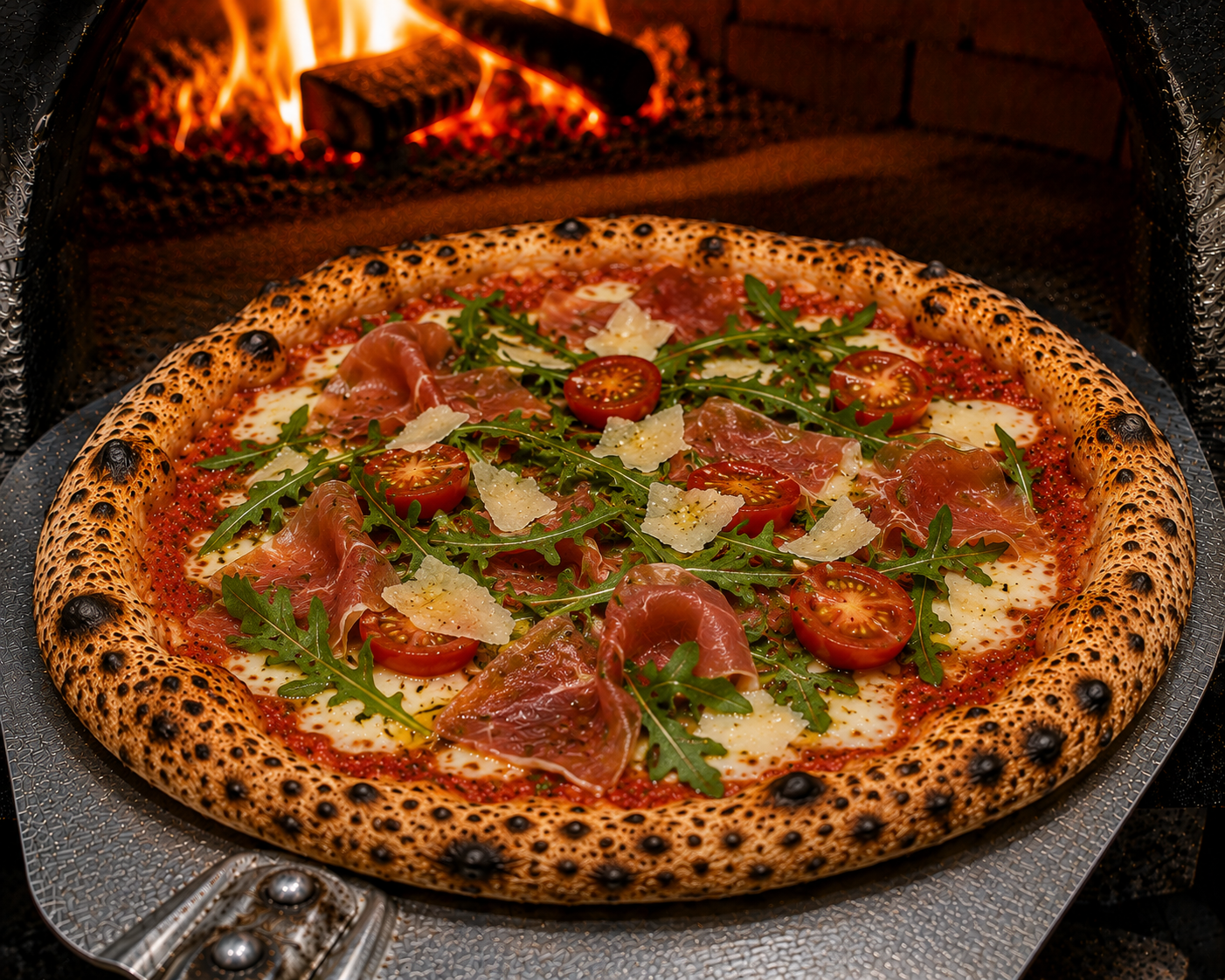 Pizza San Elia — crème fraîche, pommes de terre, chèvre, lardons, oignons, mozza