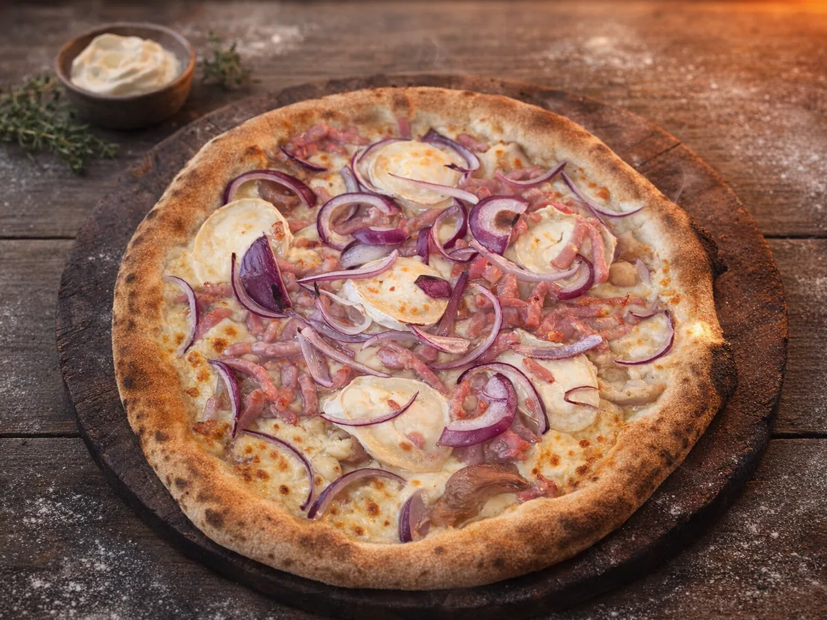 Pizza San Elia - crème fraîche, pommes de terre, chèvre, lardons, oignons, mozza