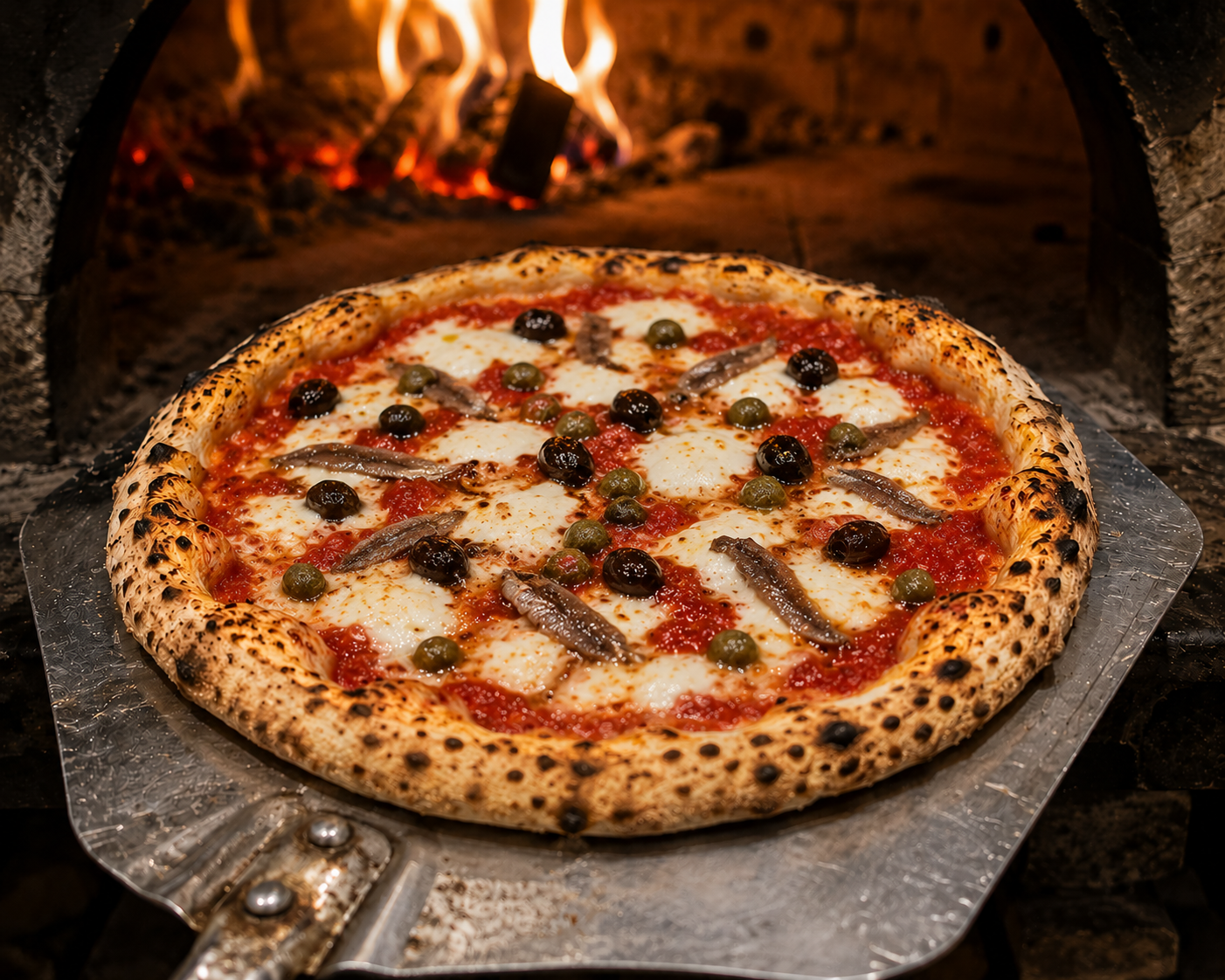 Pizza Sicilienne — tomate, anchois, câpres, olives, mozza