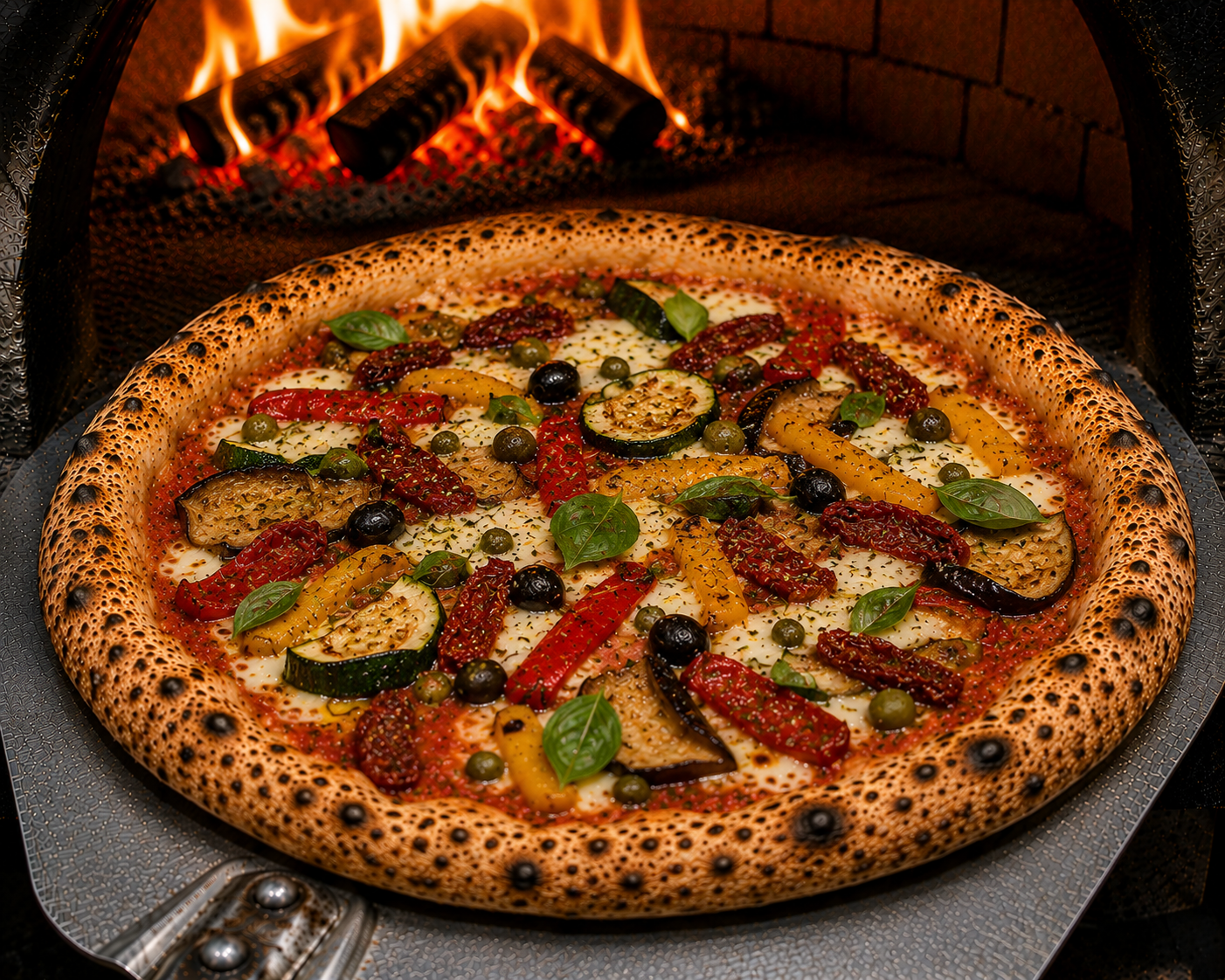 Pizza Sudiste — tomate, saumon fumé, poivrons, courgettes, mozza